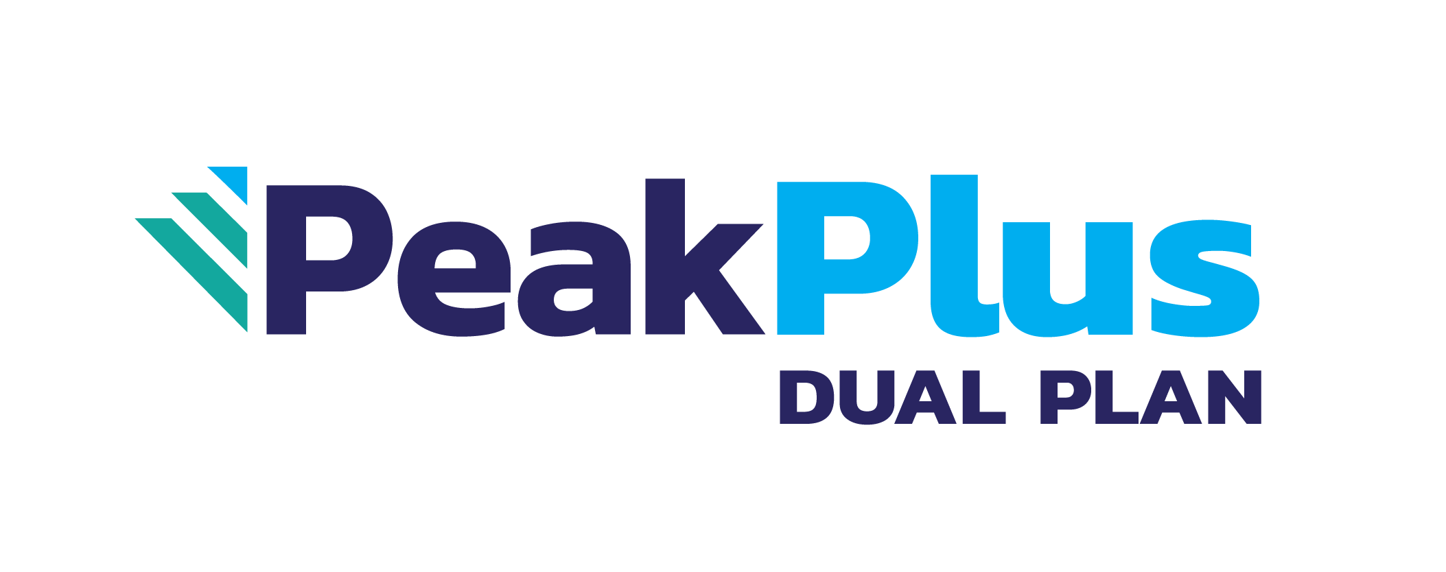 PeakPlus logo featuring teal chevrons, bold navy 'Peak' and bright blue 'Plus' with 'DUAL PLAN' in dark navy beneath.